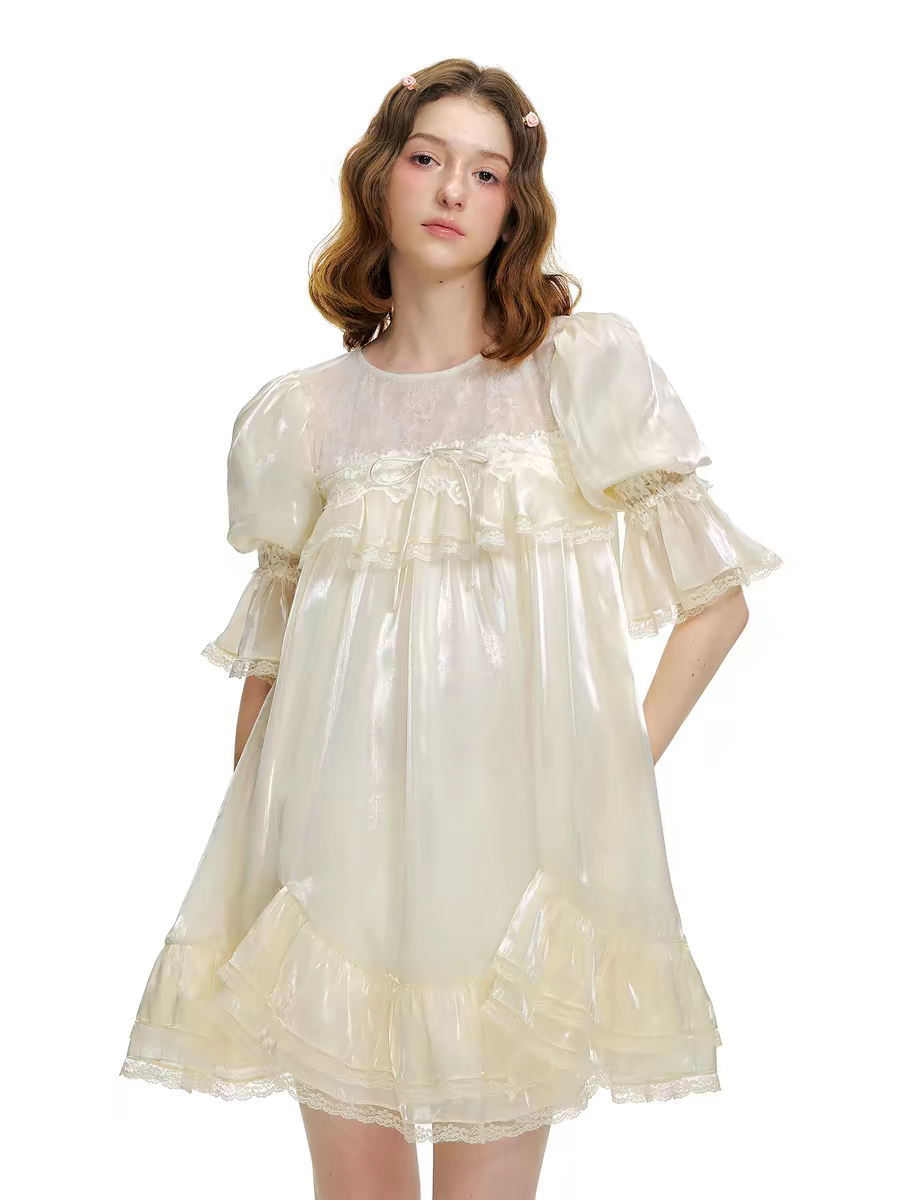 Romance Nanci. Original Design Shimmer Lace Puff Sleeve Dress
